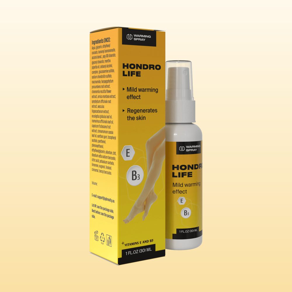 Škatuľka a fľaštička hrejivého spreja Hondrolife 30 ml
